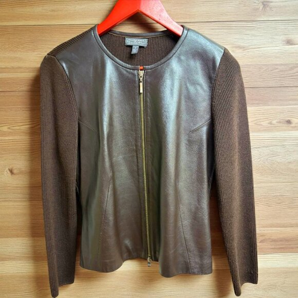 Retro Classiques Entier Brown Leather Ribbed Merino Wool Cardigan Jacket - Picture 1 of 7